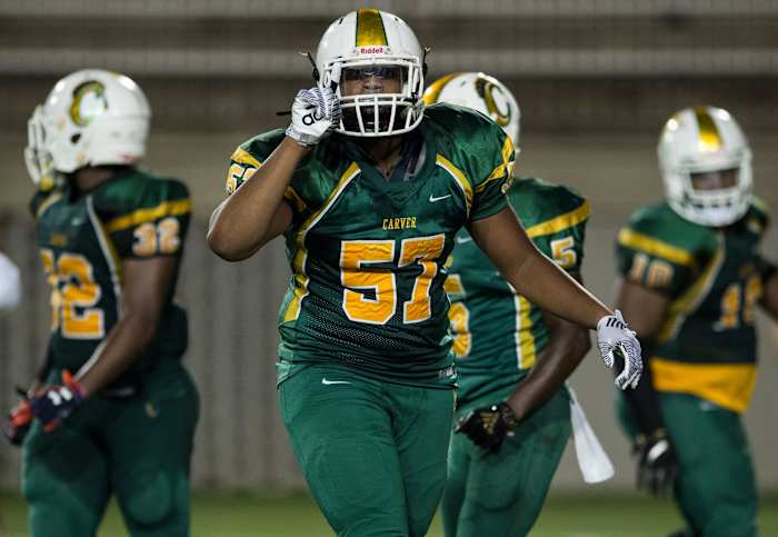 Carver's James Smith (57) reacts to a defensive stop at Cramton Bowl in Montgomery, Ala., on Thursday, Aug. 28, 2019. Carver defeated Greenville 19-13.